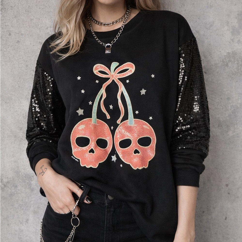 Grace & Emma Cherry Skull Graphic Sweatshirt Sequin Sleeve Black Goth Y2K Medium